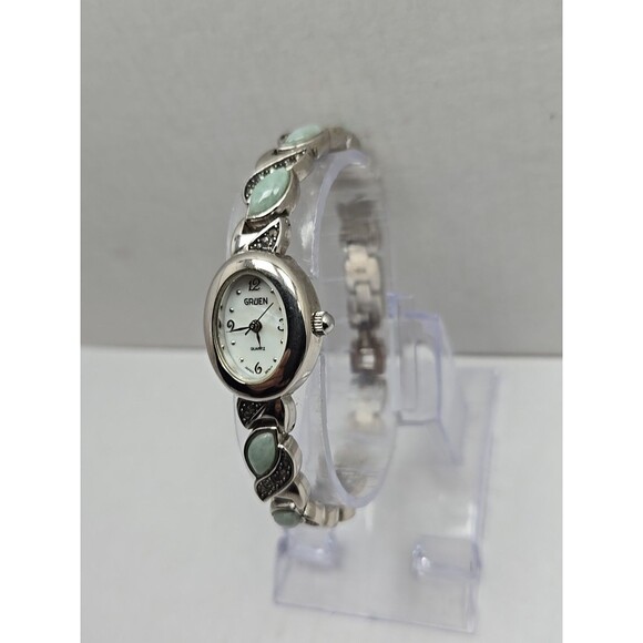 Gruen Womens Quartz Watch Jade Marcasite Bracelet Silver Tone MOP New Battery - Picture 2 of 10